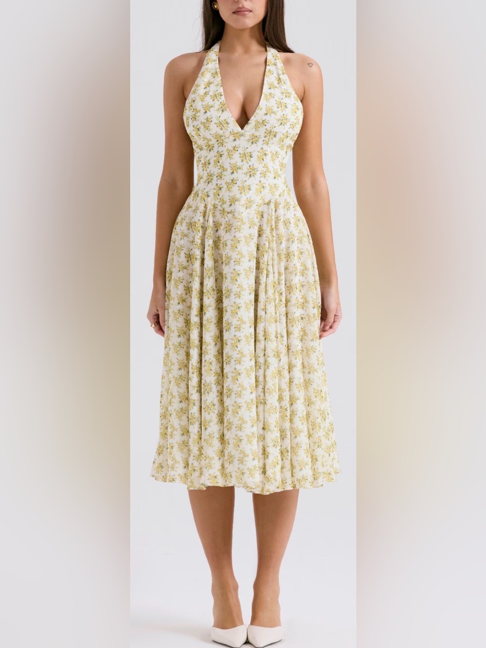 NEW HOUSE OF CB SOLADA  Ivory Vintage Floral Print Georgette Halter Sz XL L+